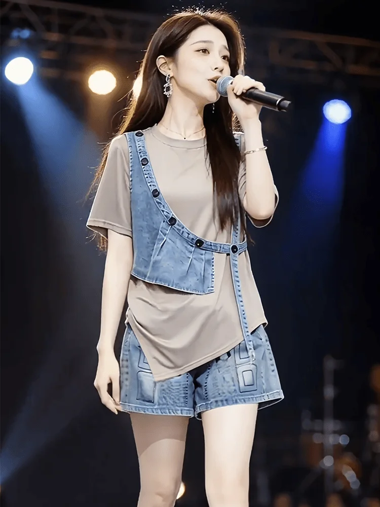 

Fashionable Denim Short Sleeve Set Slimming Sweet Cool Style Women's T-Shirt Patchwork Summer New Arrival Breathable Casual Wear