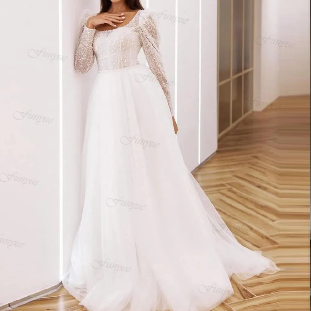 

Sexy Bohemia Wedding Dresses Vintage A-Line Tulle Glitter Lace Bridal Gowns Long Sleeve Princess Bride Dress