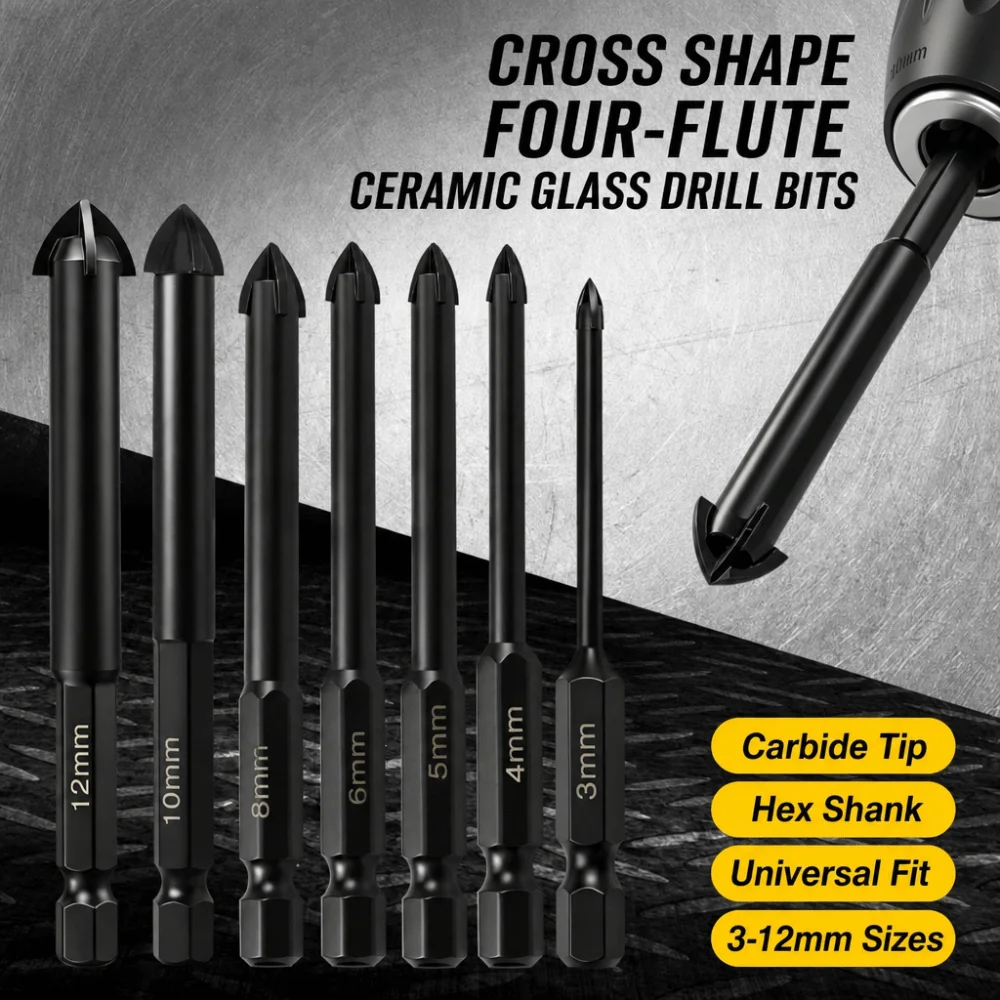 Hex Shank Tile Drill Bit Cross Tip Multi-material Use Concrete Hole Cutter Hard Alloy Tip Four Edge Design Cross Drill Bit