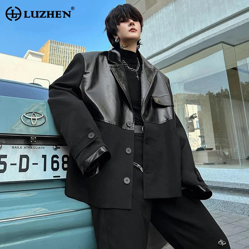 LUZHEN Autumn New Fashion Pu Leather Patchwork Design Suit Jackets Men\'s Personality Trendy Street Clothes Outerwear LZ2504