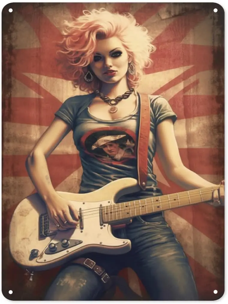 Rock Guitar Girl Tin Sign Retro Pinup Girls Metal Tin Sign Vintage Garage Wall Decor Art for Car Enthusiasts Bar Coffee Home 8x1