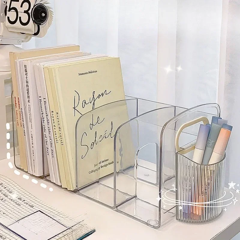 Praktische Buchstützen aus klarem Acryl mit Griff, Schreibtisch-Organizer, geteilter Buchständer, Desktop-Sortierregal, Lernzubehör