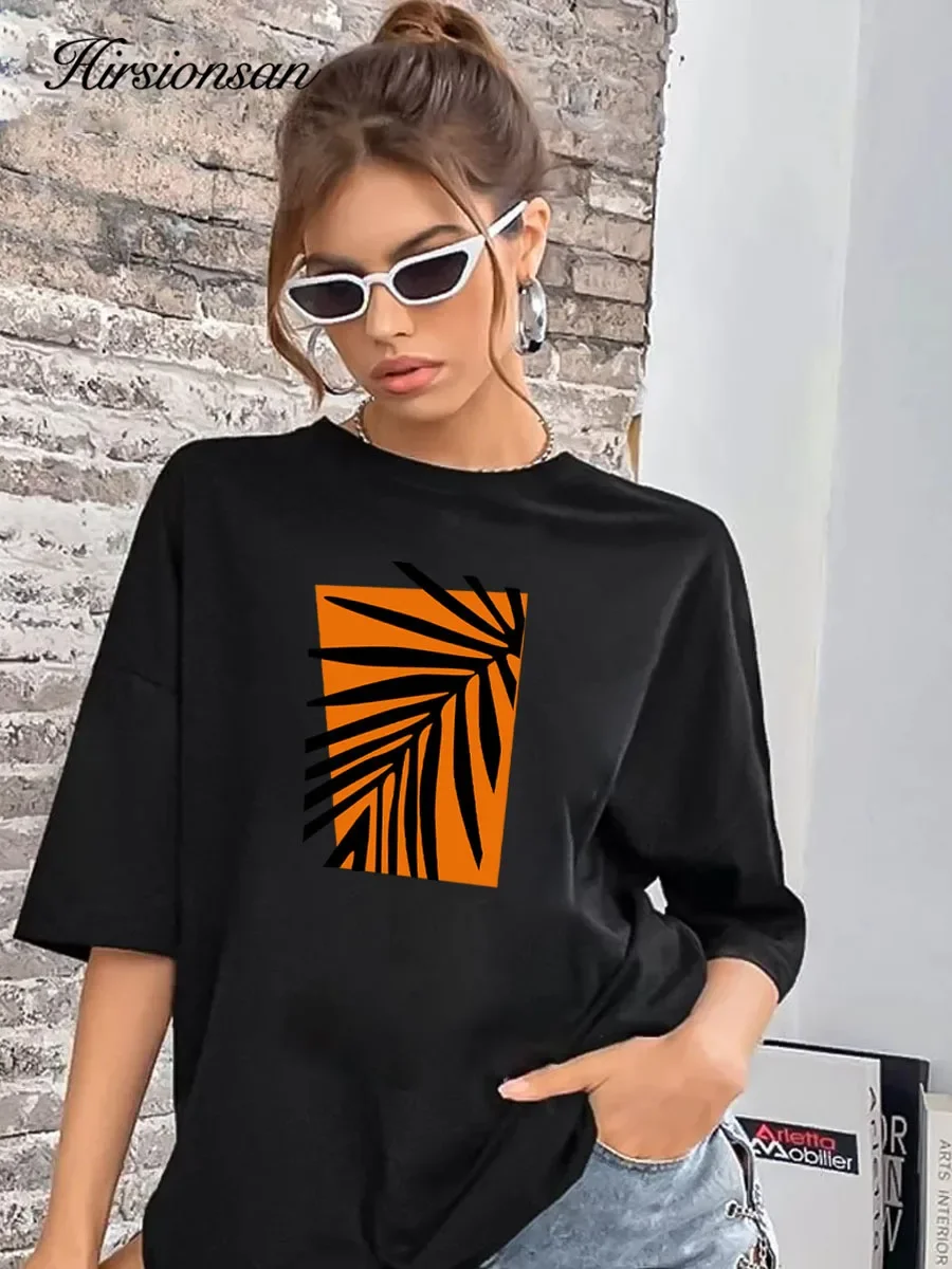 Hirsionsan Vintage Orange Leaf Printed T-Shirt Women Soft Casual Short Sleeve Summer Cotton Breathable Tshirt Holiday Y2k Tees