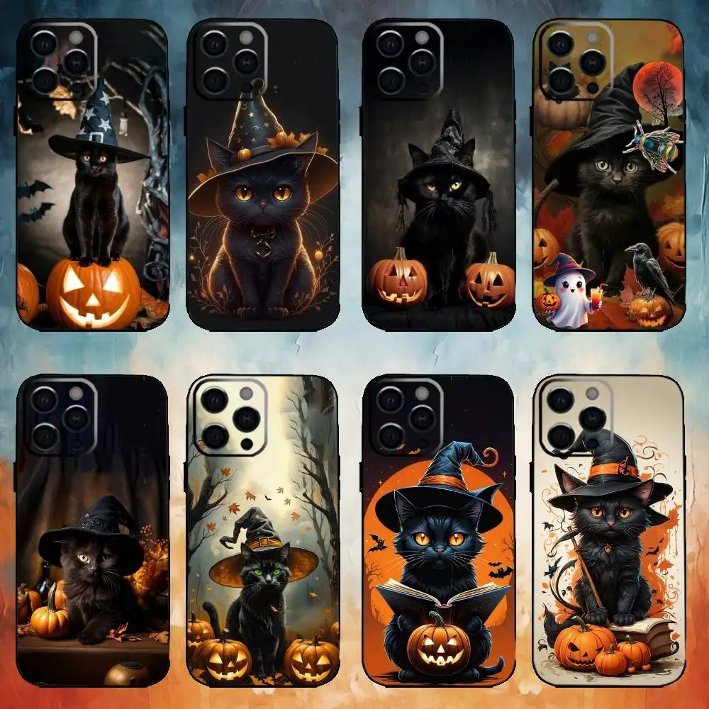 

Halloween Black Cat Witch Phone Case For iPhone17,16,15,14,13,12,11 Plus,Pro Max Soft Black Cover