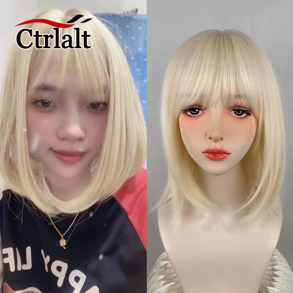 

Short Bob Straight Lolita Blonde Wig with Bangs Synthetic Ombre Green Hair For Cosplay Daily Party Halloween Wig for Women