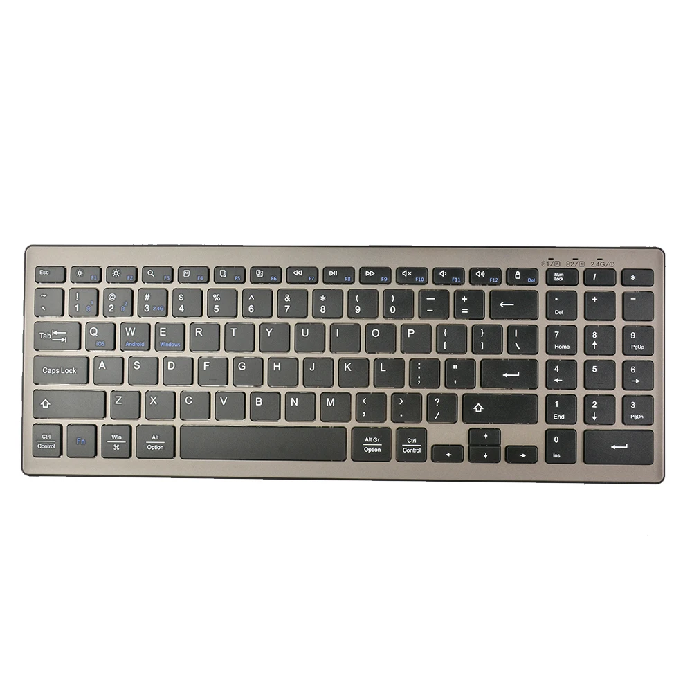 168 2.4G+Dual Bluetooth 95-Key Two Zones Battery Operated Wireless Keyboard for Apple Android Windows