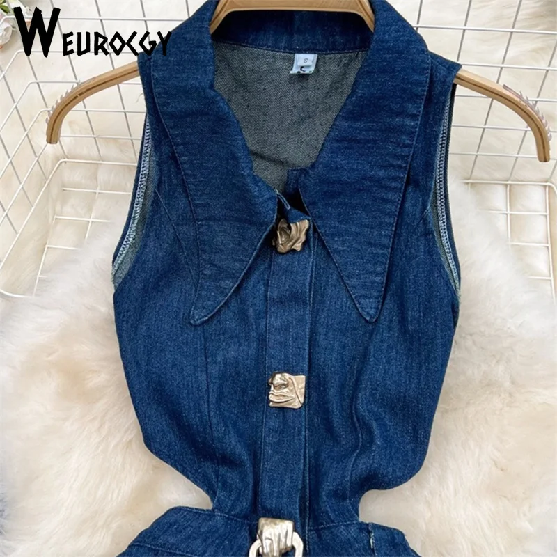 Women\'s Dress 2023 Summer Korean Edition Sweet Style Sleeveless Single-breasted A-line Split Denim Patchwork High Waist Dresses