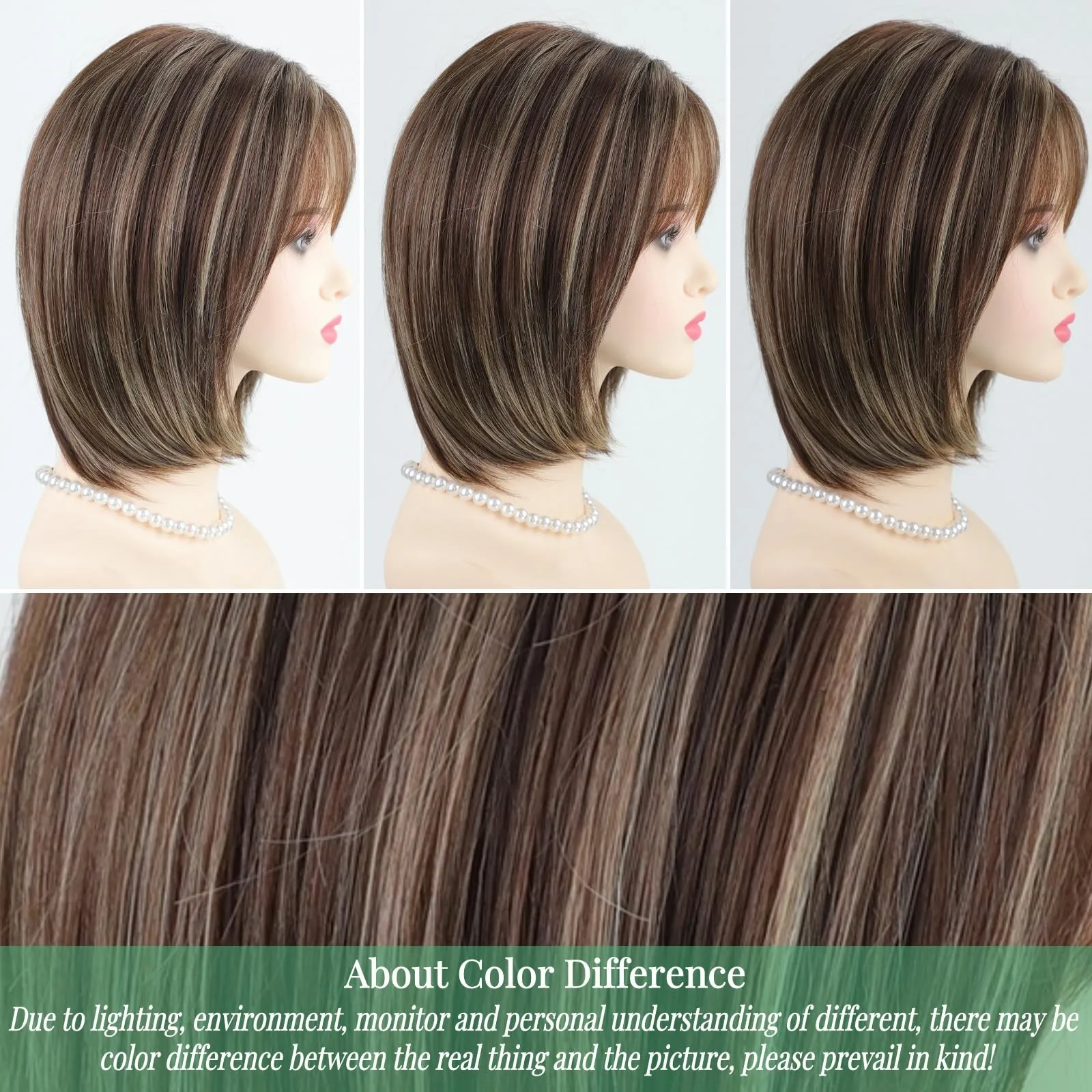 Peluca Bob en capas con reflejos rubios, color marrón ombré, con flequillo, longitud media S...