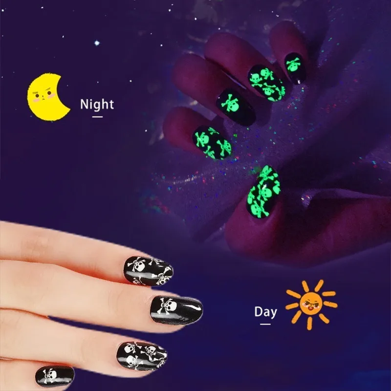 Brilho escuro adesivos de unhas fluorescente crânio flor design cobertura completa unhas falsas auto adesivo manicure arte decalques suprimentos beleza