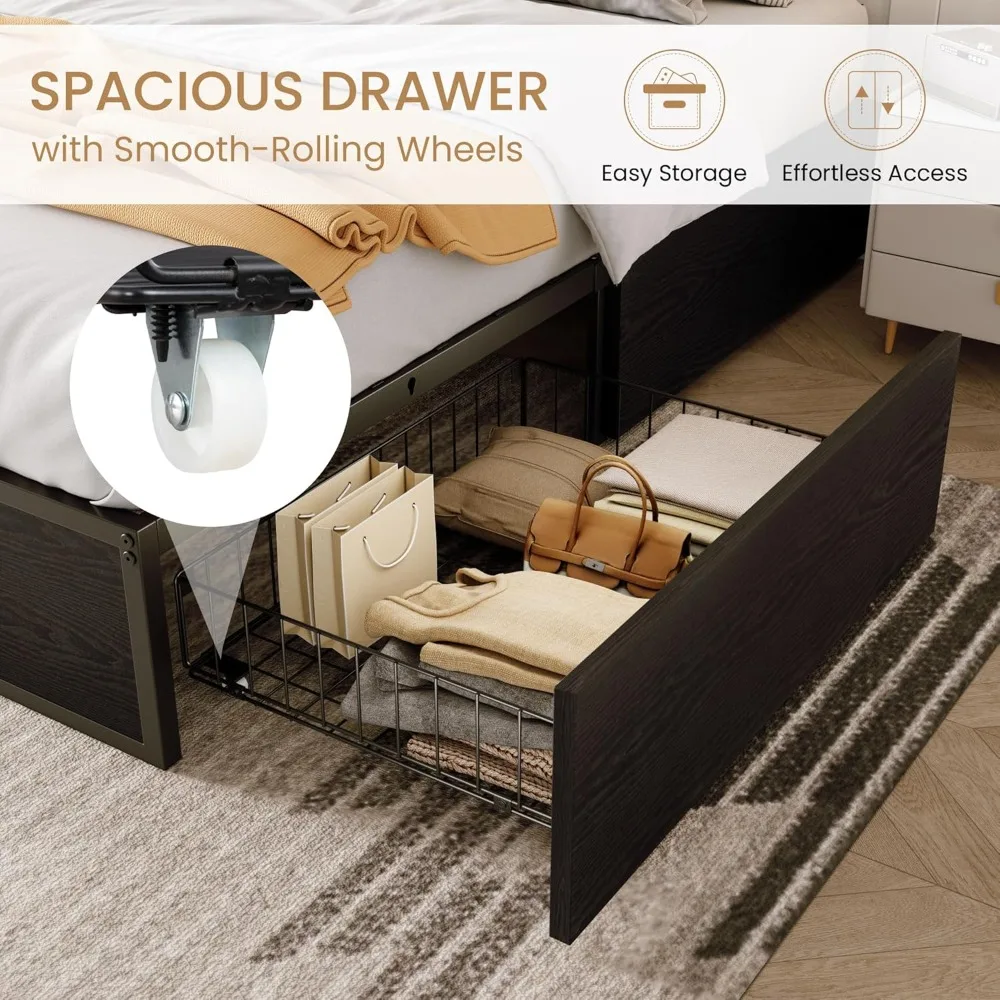 Queen Platform Bed Frame with 2 Large Storage Drawers, Noise-Free, Easy Assembly, No Box Spring Needed, Bed frame with storage