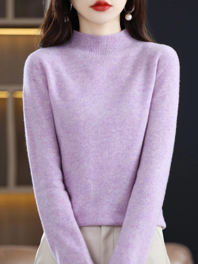 Addonee Autumn Winter Women Basic Sweater Mock Neck Pullover 100% Merino Wool Long Sleeve Solid Cashmere Knitted Female Clothes