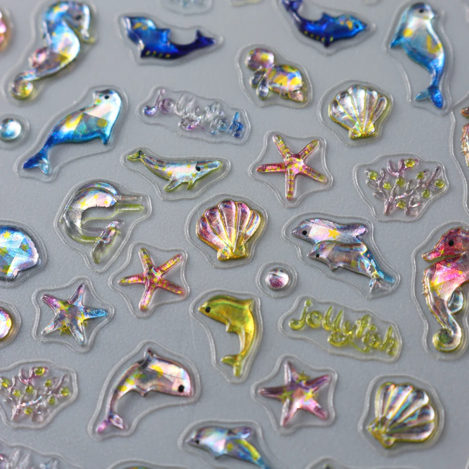 5D น่ารัก Dolphin สติ๊กเกอร์เล็บ SHINY Seashell ปลาดาว Ocean สัตว์ออกแบบฤดูใบไม้ผลิฤดูร้อน Jelly กาว Decals ตกแต่งเล็บ