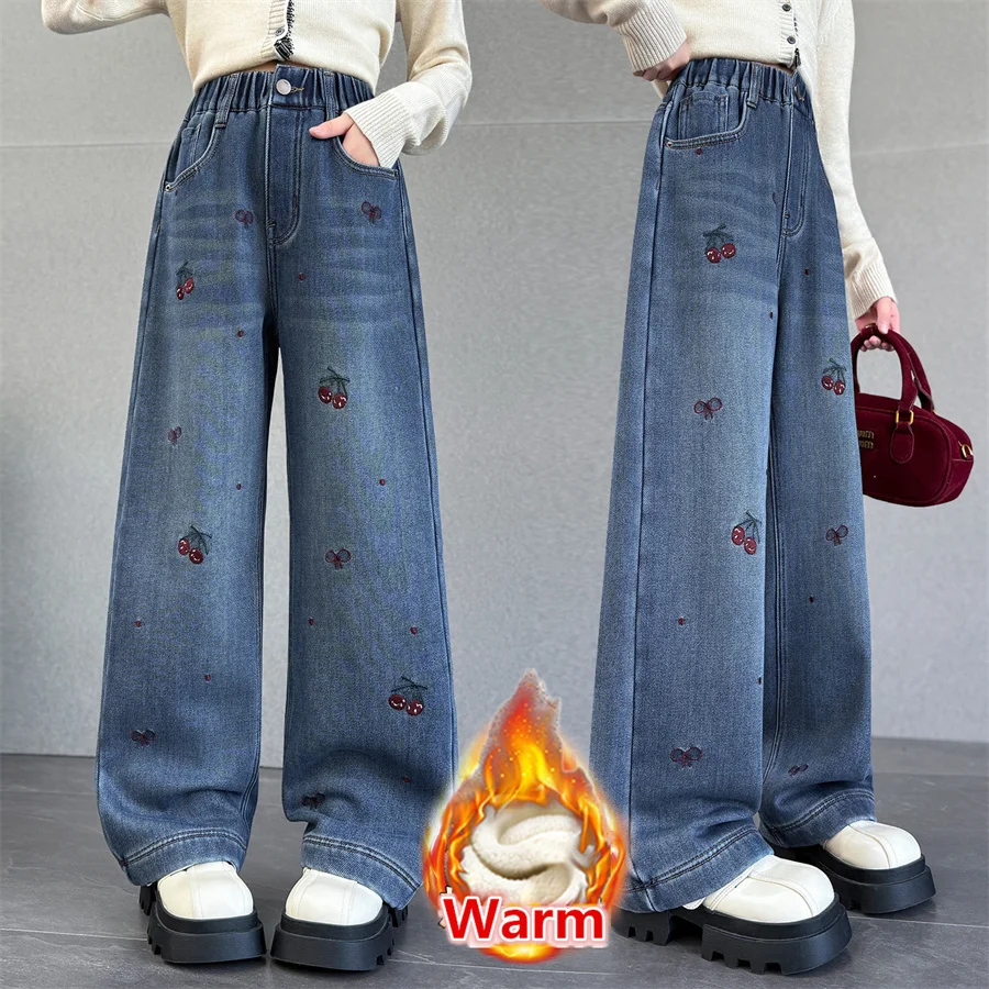 

Children Winter y2k Harajuku Retro Blue Thermal Jeans with Cherry Embroidery For Girls Gothic Trousers Fashion Warm Denim Pants