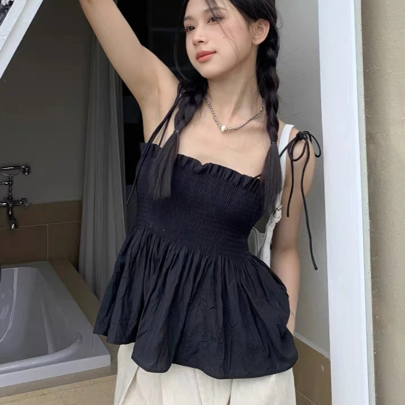 Sexy Tank Top Bow Halter Crop Tops Women Summer Folds Camis Backless Camisole Casual Bandage Tee Female Sleeveless Cropped Vest image 2