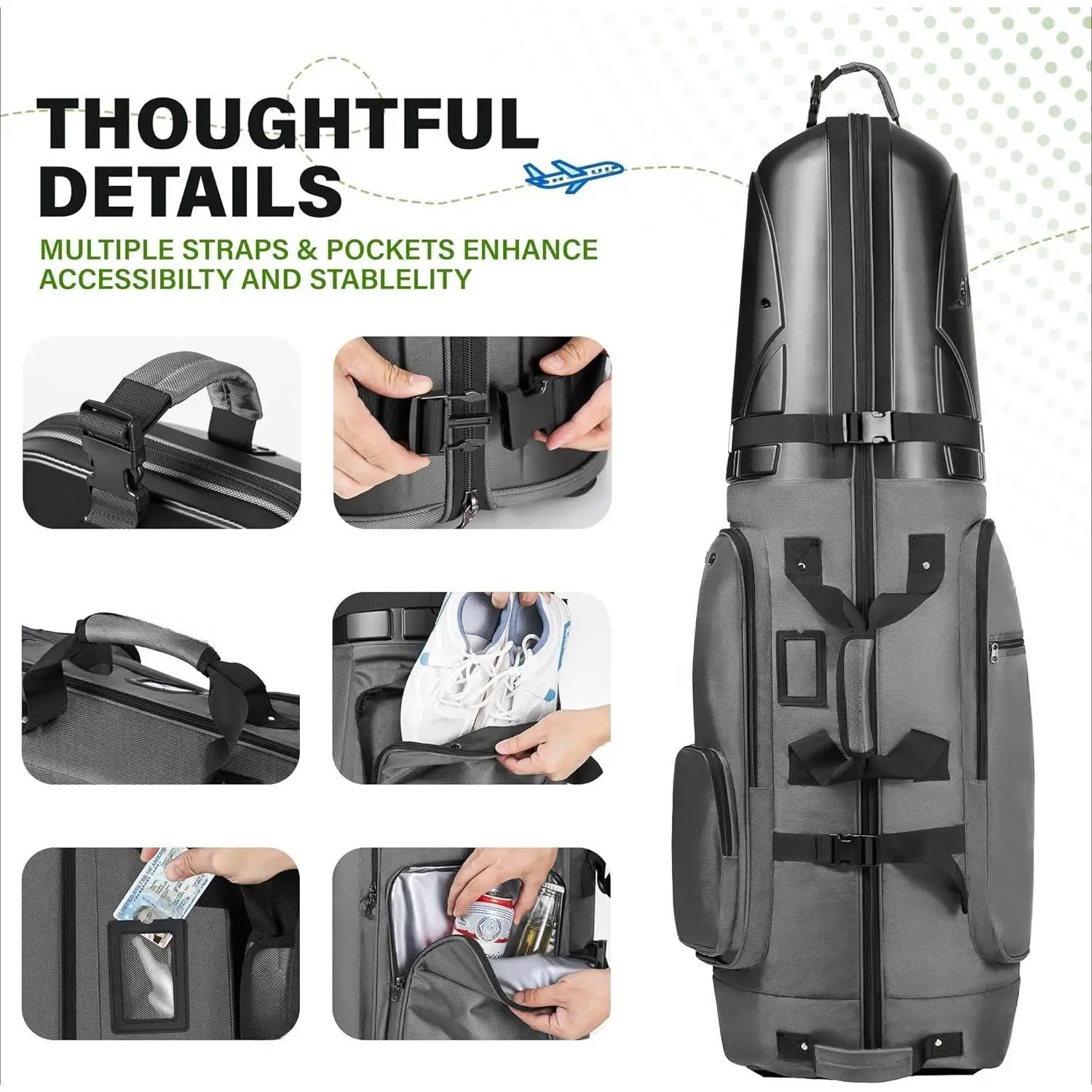 حقيبة سفر جولف مع حافظة صلبة، حقائب سفر نادي جولف أكسفورد شديدة التحمل 1680D لخطوط الجيران مع عجلات سهلة المناورة