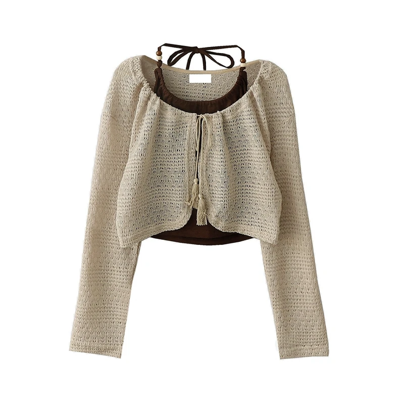 

Autumn New Sle Retro Hollow out Tassel Belted Open Cardigan ort Jaet Hanging Ne Strap Vest Two Piece Set Top Women's ...