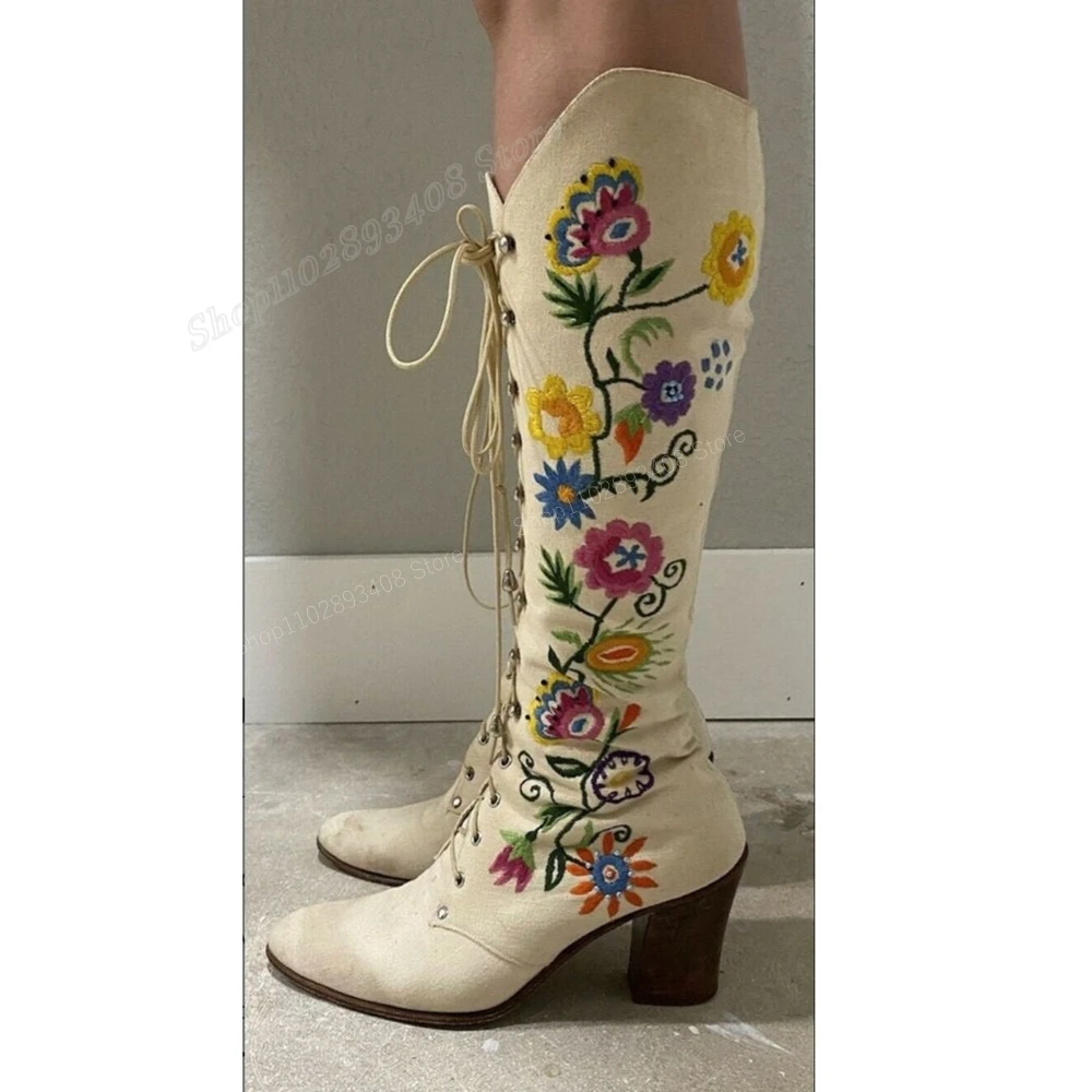 

White Embroidery Flowers Decor Knee High Boots Suede Cross Tied Pointed Toe Chunky High Heel Women Shoes 2024 Zapatos Para Mujer