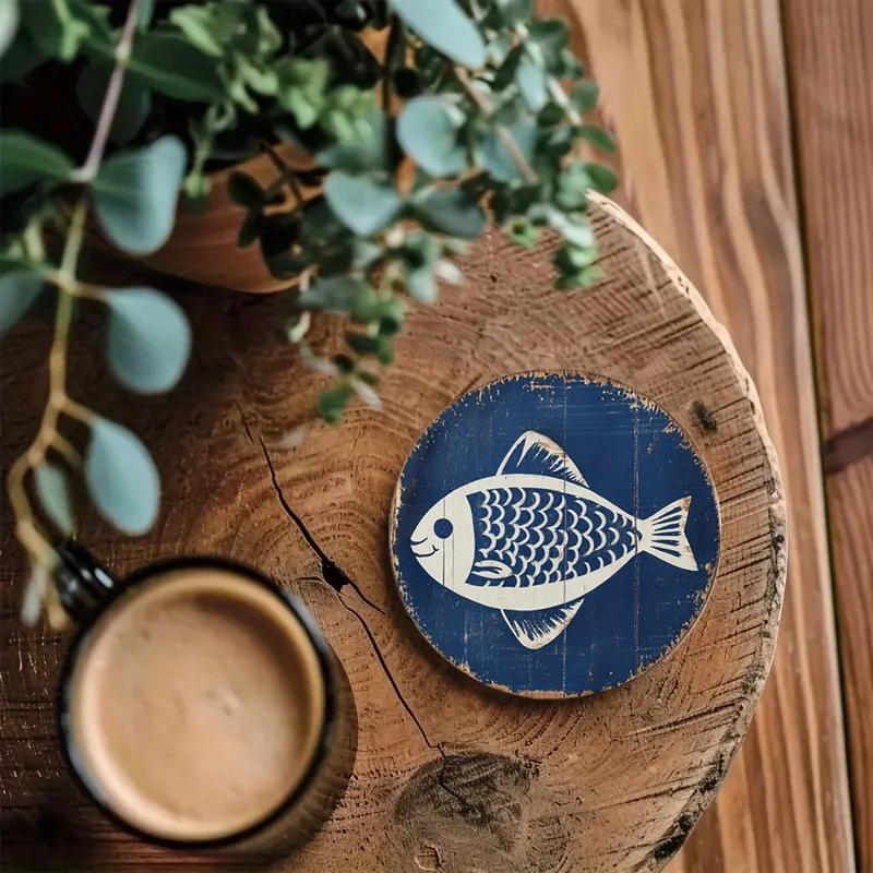 1pc Funny Interesting Design Fish-Shaped Wooden Coaster 2mm White Lines Blue Background Seaside Restaurants Durable Summer Gifts