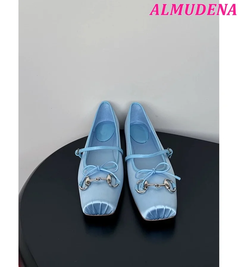 Square Toe Satin Ballet Flats Women Summer New in Metal Buckled Elegant Soft Shoes Luxury Designer Bowknot Cute Mary Jane Shoes