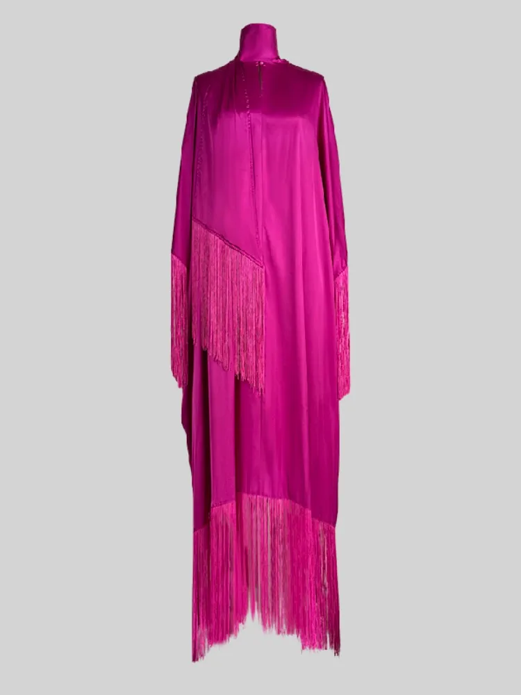 2025 Herfst Nieuwe vrouwen Fringe Jurk Fuchsia Coltrui Batwing Mouwen Losse Maxi Jurk Elegante Avond Party Gown voor Vrouwen