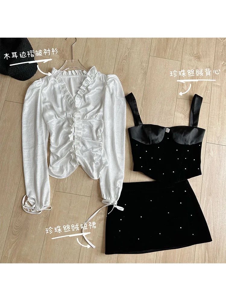 Woman Outfits 2 Piece Set Skirt Set A-line Skirt Mini Blouses Crop Top Gyaru Formal Occasion French Elegance Office Lady Design