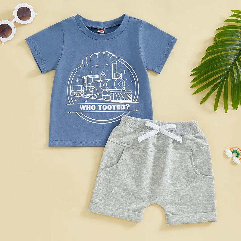 Toddler Kids Baby Boy Summer Clothes Letter Train Print Short Sleeve Round Neck T-Shirt with Elastic Waist Solid Shorts Outfit