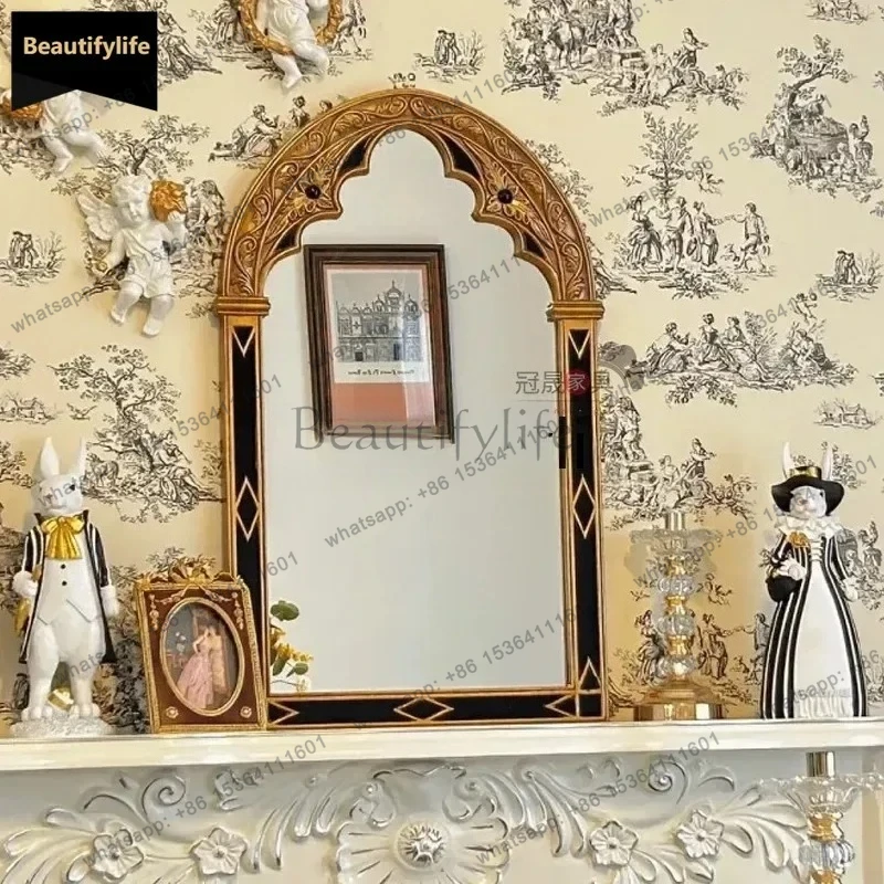 

European retro bathroom mirror wall hanging carved arched makeup mirror porch fireplace decorative mirror