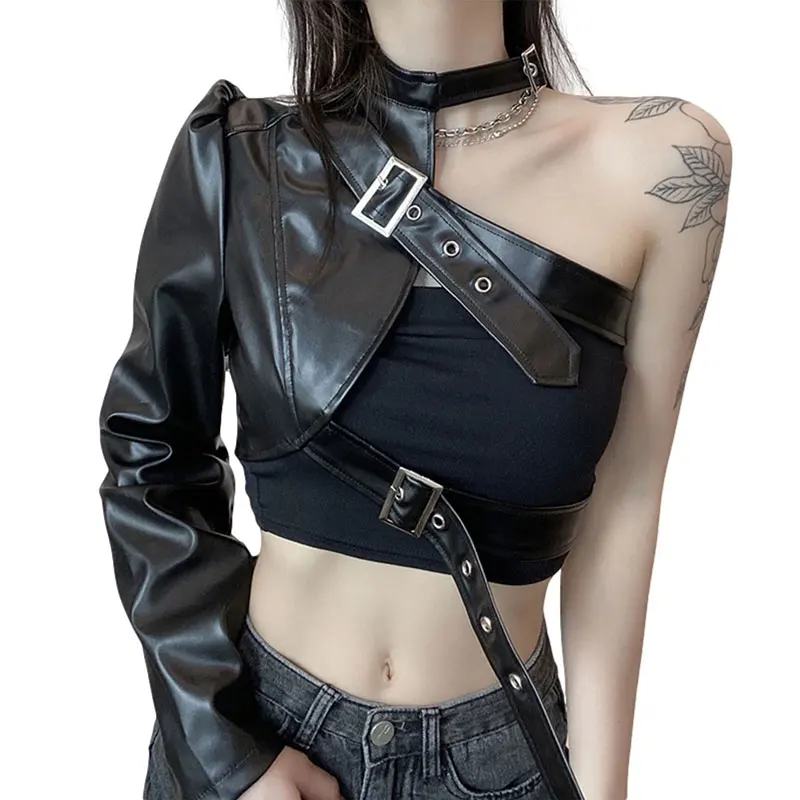 Moda donna stile Punk Crop top Cool singolo manica lunga collo gancio cintura in pelle collegato top abbigliamento donna Streetwear