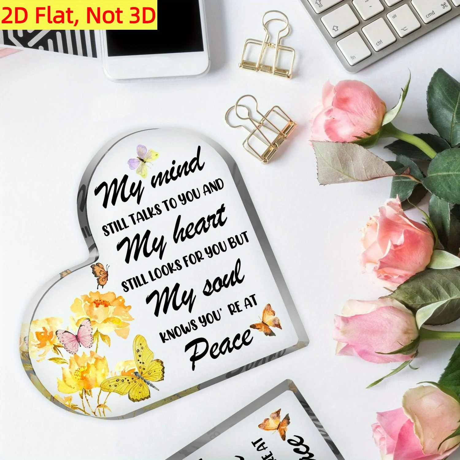 CIFBUY Acrylic Heart Memorial Butterfly Decor, Engravable Name Date Yellow Flower Wall Art, Sympathy Condolence Gift for Loved O