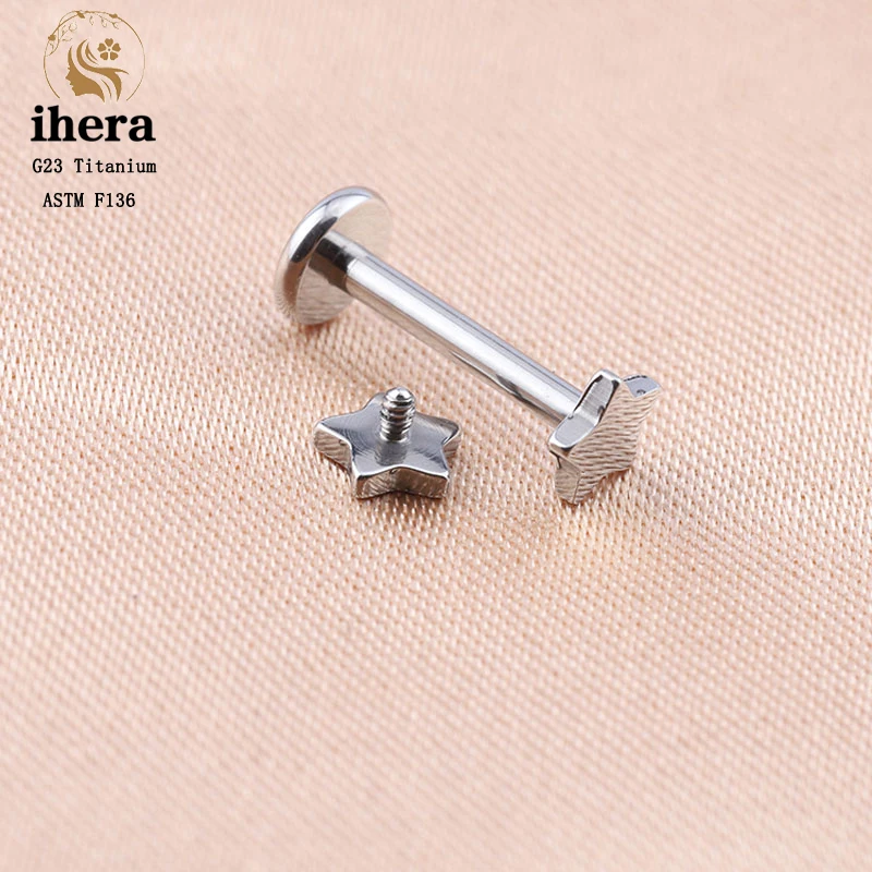 G23 Titanium Silver Color Heart Studs Earrings ASTM F136 Nose Studs Flat Star Top Lip Ring Ear Tragus Cartilage Piercing Jewelry