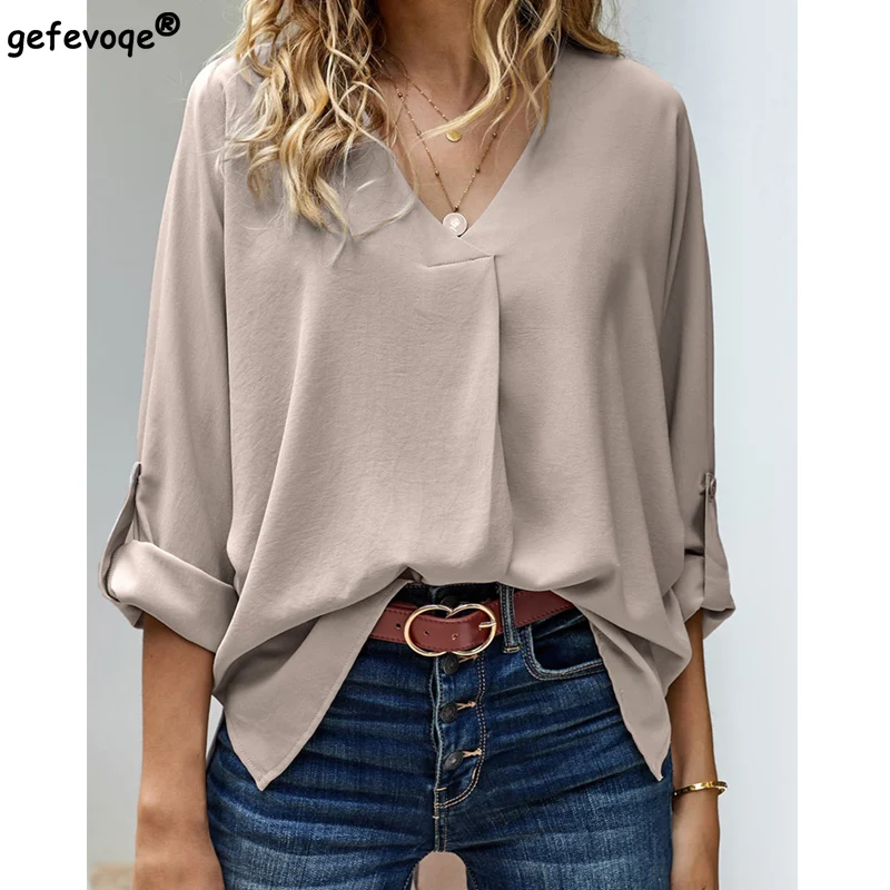 2022 New Spring Summer V Neck Loose Large Size Chiffon Shirts Long Sleeve Solid Color Blouse Casual Fashion Korean Women Clothes