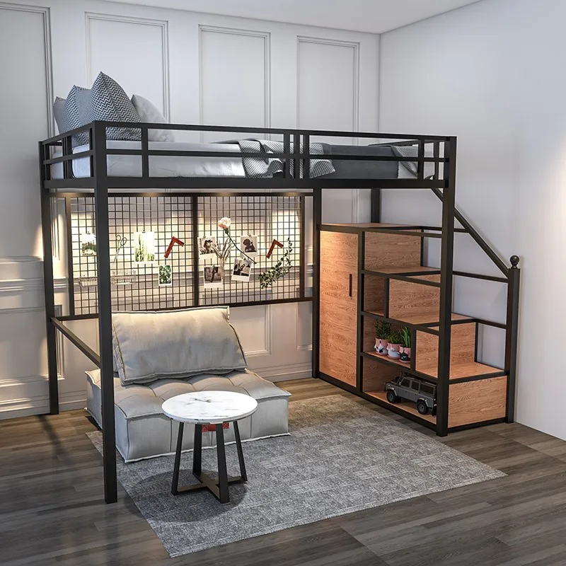 Nordic Iron Art Elevated Bed Simple Dormitory Apartment Room Single and Double Bed Up and Down Small Unit Multifunctional