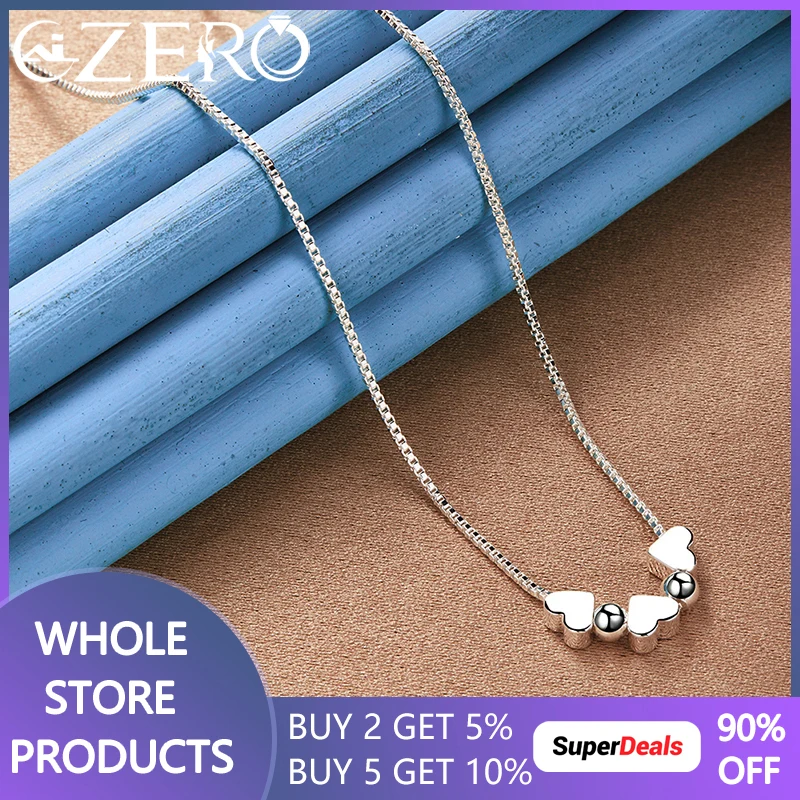 

925 Sterling Silver 18 Inch Box Chain Charm Beads Three Heart Pendant Necklace For Woman Wedding Fashion Party Jewelry Gift