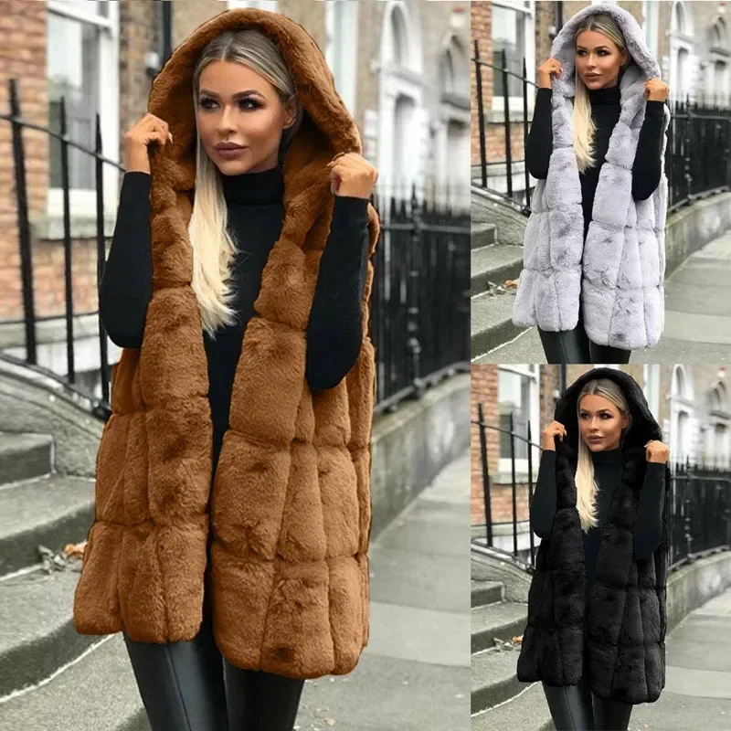 Women Autumn Winter Ladies New Imitation Fur Hooded Vest Hooded Imitation Fur Vest