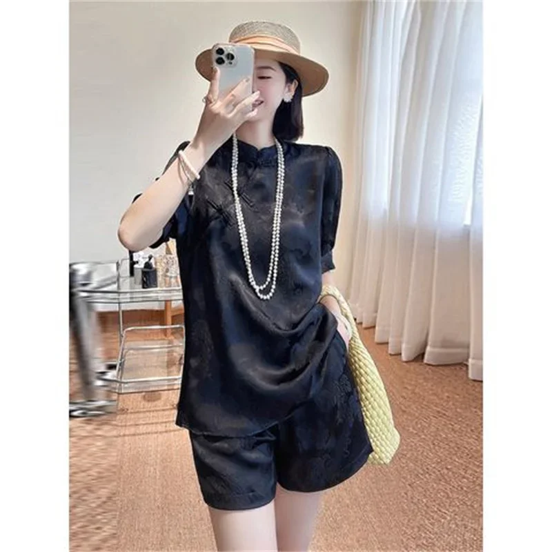 ฤดูร้อนใหม่ 2 ชิ้นชุดสตรีชุดลําลองกบปุ่มเสื้อ + กางเกงขาสั้นเอวยางยืดชุด 2 ชิ้นผู้หญิง