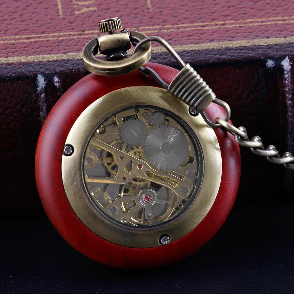 Vintage Wooden Mechanical Pocket Watch Automatic Self-Wind Pocket Pendant Clock Luxury Watch for Men Women with 30cm Chain