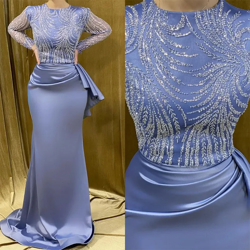 Elegant Muslim Evening Dresses Long Sleeves Mermaid Turkish Kaftan Dress Pleats Waist Special Occasion Formal Dresses for Women