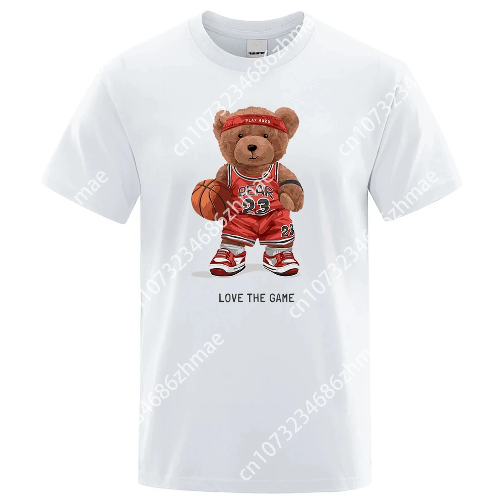 Teddy Bear 23 Love The Game Play Basketball Print Funny T-Shirt Men Loose Oversize Cotton Quality Short Sleeve For Man 80346