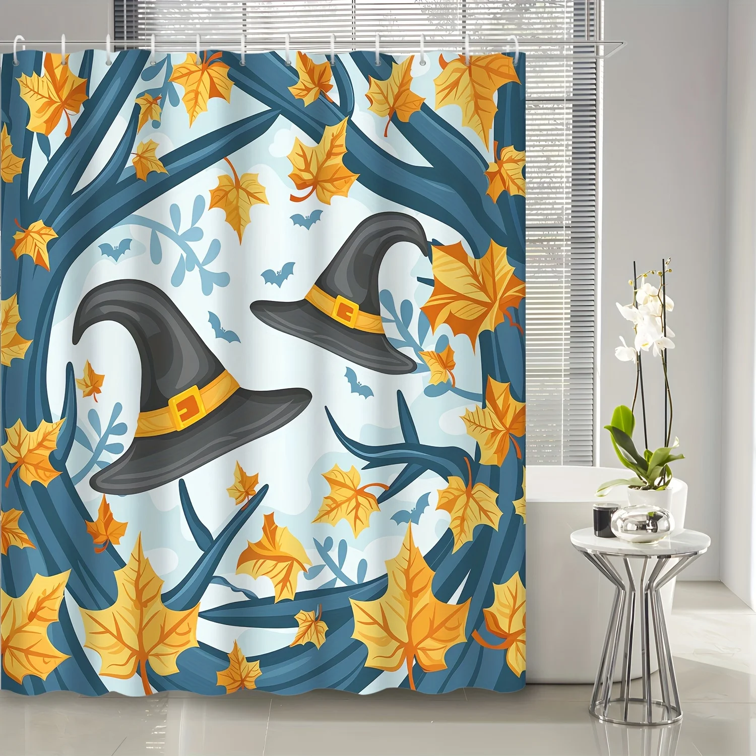 

1 шт., домашний декор на Хэллоуин, мультяшная черная волшебная шляпа, мертвое дерево, золотые листья, занавеска для душа, 12 крючков, аксессуар для ванны