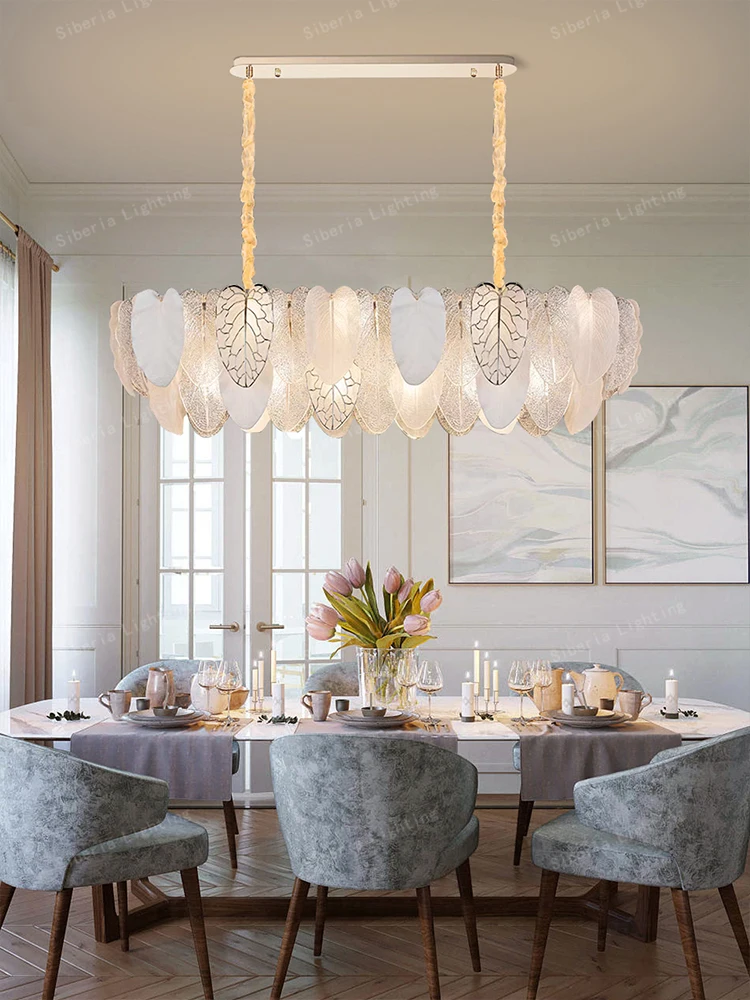 Neo-classical Oval Chandelier Leaf Vein Glass Delicate Hanging Lamp for Ceiling Led Home Decor Pendant Lights Dining Room Lustre