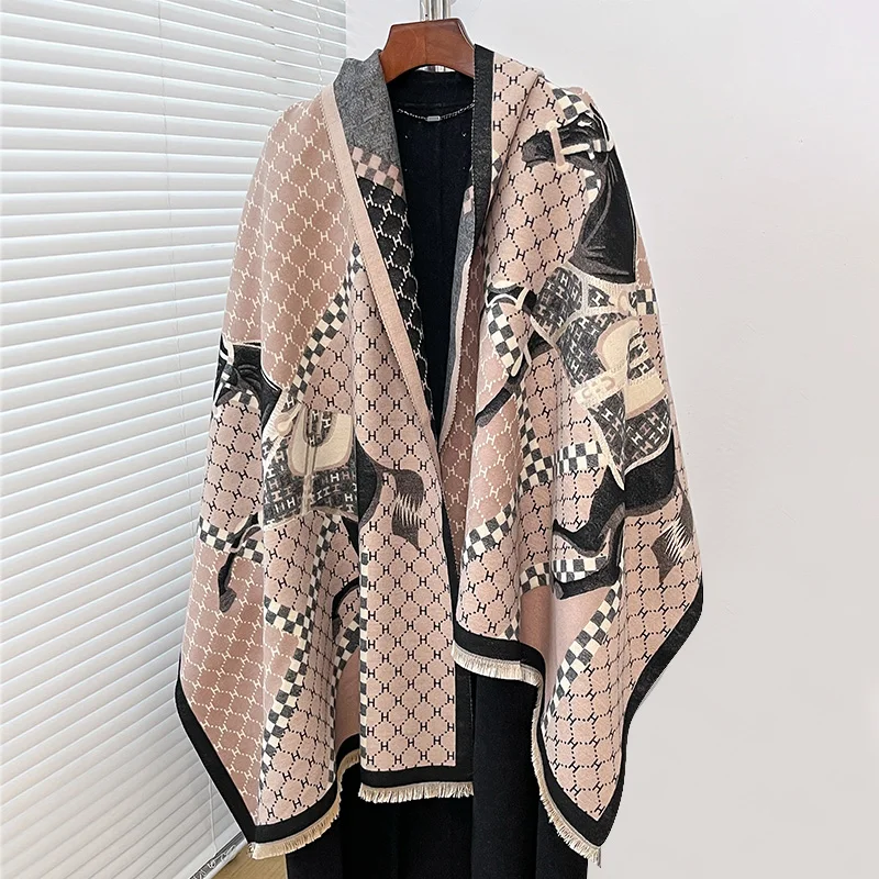 2024 Luxury Brand Thick Cashmere Winter Scarf Pink Grey Horse Print Warm Pashmina Foulard Lady Soft Bufanda Shawls Wraps