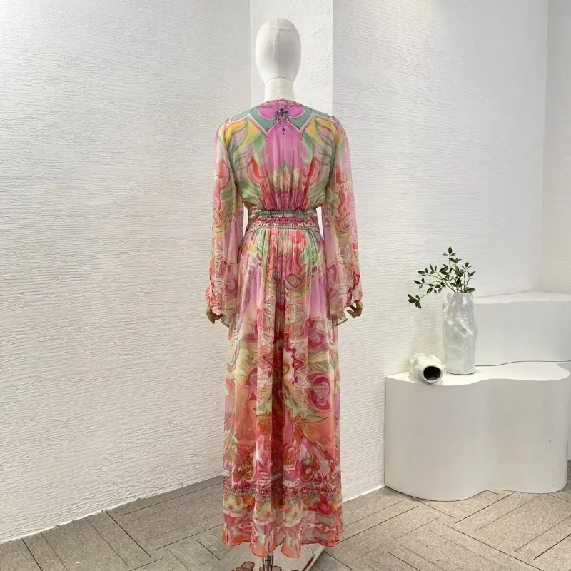 Women's Multicolor Floral Print V Neck Ptinting Vintage Fashion Ladies 2025 Long Sleeve Diamoinds Maxi Dresses