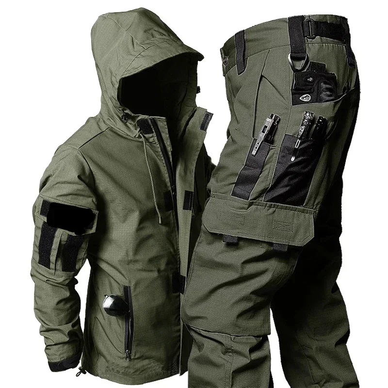

Hunting Bomber Sets Men Multi-pocket Waterproof Tactical Jackets+Wear-resistant Cargo Pants 2 Pcs Suits Ripstop Hiking Set