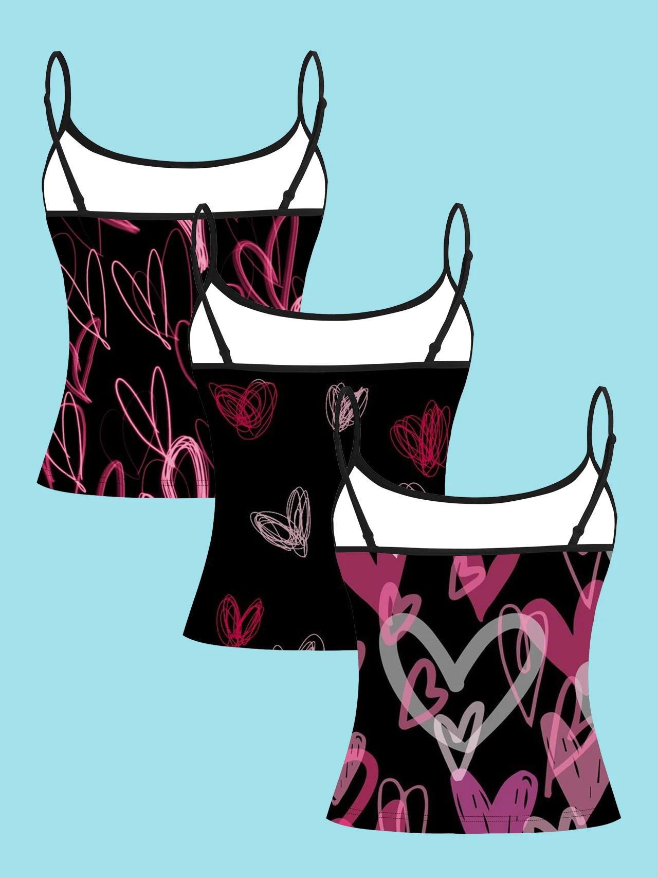 3-Pack Neon Hand-Painted Heart Graffiti Print Thin Camisole Tank Top with Pink, Red, White, Purple, and Gray Lines, Slim Fit Sleeveless Top, Y2K Sweet and Cool Style, Suitable for Layering or Wearing Alone