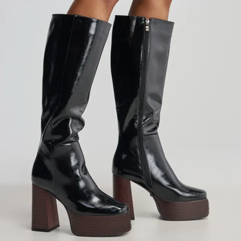 Wood Grain Leather Knee High Boots Sexy Round Toe Square Heels Zip Customized New Arrivals Fashion Women Boots