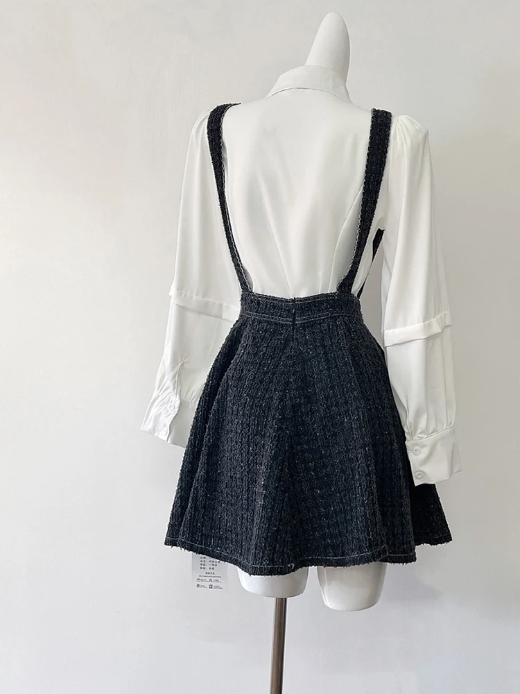 Jesień Zima Kobiety Koreański Vintage Sweet Ballet Core Stroje 2-częściowy zestaw Koszule z długim rękawem + Mori Girl Halter Denim Mini sukienka