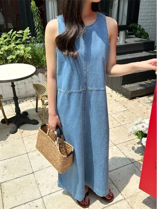 Vestido Ceco Vaquero Azul Deado para Mujer, Nuevo Estilo Vintage de Verano, Hoado, Recto, Falda Larga, Cómodo, Transpi...