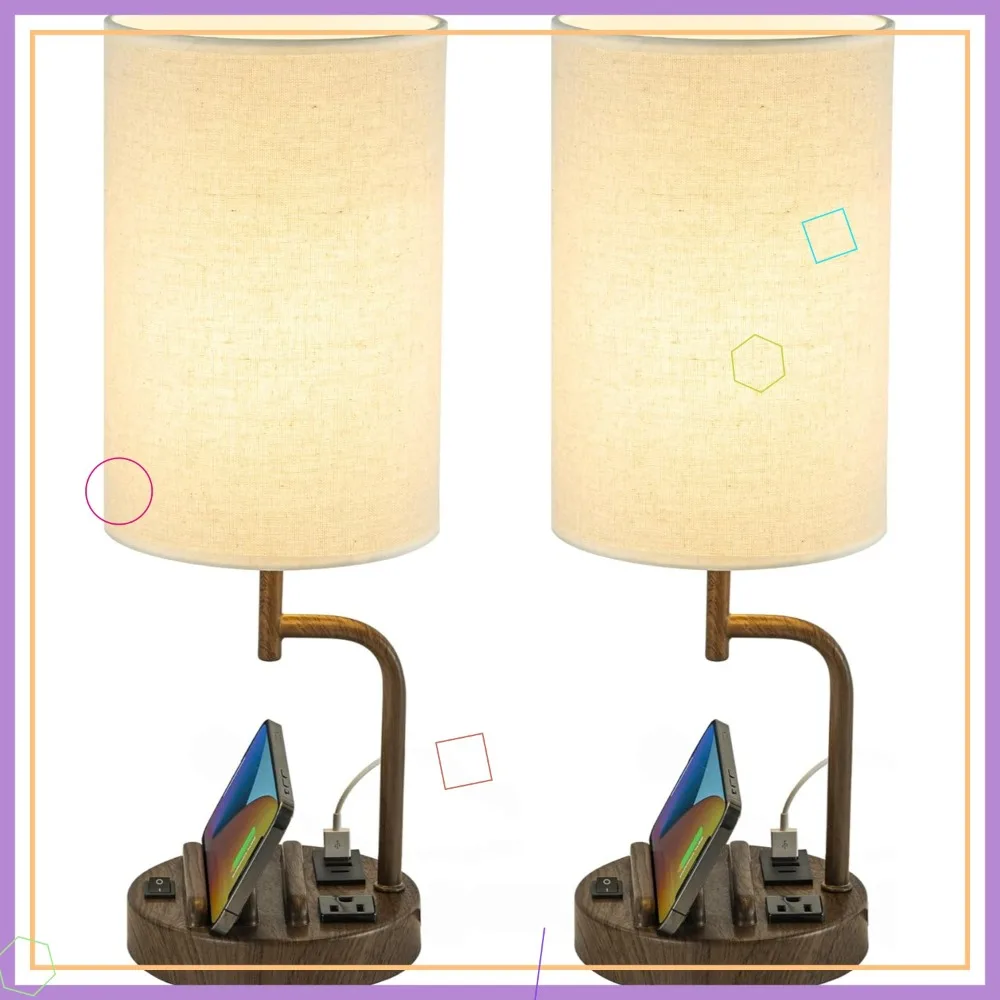 Modern Desk Lamp with 3 USB Ports, AC Outlet & Phone Stands - Perfect for Bedroom, Living Room, Office (2-Pack, Walnut)