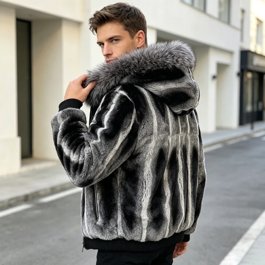 Abrigos de Piel de Chinchilla, Chaqueta con Capucha de Piel de Conejo Rex Real, con Cuello de Piel de Zorro Natural, Chaquetas de Piel Auténtica