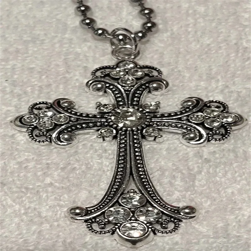 Large Detailed Rhinestone Cross Jewel Necklace Silver Color Tone Pendant  Goth Punk Jewellery Fashion Charm Statement Women Gift